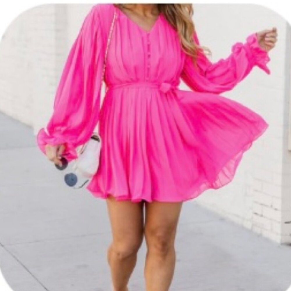 Pink Lily Pleated Romper in Vibrant Pink Size Medium